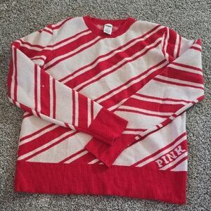 PINK Victoria's Secret Red & Cream Diagonal Stripe Crewneck Sweater